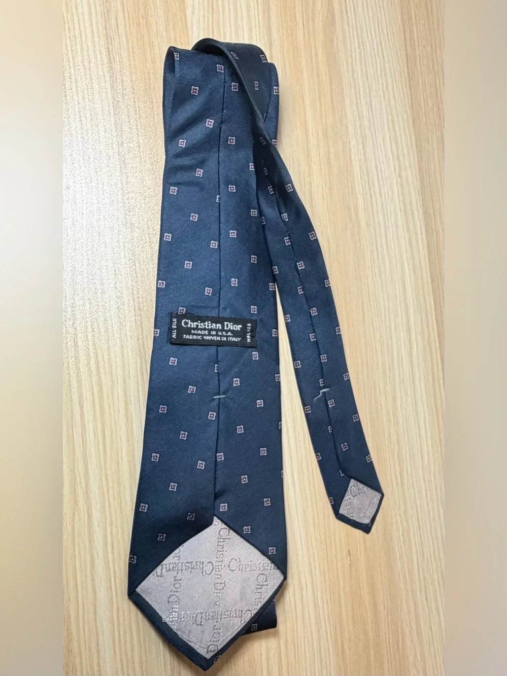 Christian Dior Navy Tie with Small Red Square Motif